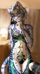 2026 5_fingers abs anthro areola arm_behind barely_visible_areola biped blue_body blue_eyes blue_fur blue_hair blue_spots blue_tail blurred_background blush body_tape breasts camel_toe chest_tuft claws countershade_face countershade_fur countershade_torso countershading detailed_background digital_drawing_(artwork) digital_media_(artwork) felid female female_anthro fingerpads fingers front_view fur furniture furniture_lamp genital_outline genitals grey_body grey_fur grey_hair hair hand_to_mouth head_tilt hi_res inner_ear_fluff inside khajiit leopard_spots looking_at_viewer m'ria_(maks_hunt) maebari mammal markings microsoft navel nightstand nipple_outline nipple_tape nipples pantherine pasties pawpads pizhma signature snow_leopard solo spots spotted_body spotted_fur spotted_markings spotted_tail standing tail tail_markings tape tape_clothing the_elder_scrolls tuft vulva vulva_outline white_body white_claws white_fur window_curtains