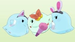 16:9 absurd_res anus beageiso bedroom_eyes blep blue_body blue_eyeshadow boo_(mario) bow_ribbon cuffs_(clothing) eyeshadow fake_cat_ears fake_ears fake_rabbit_ears fangs female genitals ghost green_background green_body green_eyeshadow group hand_on_mouth hi_res inviting lady_bow lahla_(mario) looking_at_viewer looking_back looking_back_at_viewer makeup mario_bros narrowed_eyes nintendo open_mouth paper_fan paper_mario peeka_(mario) presenting presenting_anus presenting_vulva rear_view seductive simple_background simple_eyes spirit spread_vulva spreading teasing teeth tongue tongue_out trio vulva waddling_head widescreen