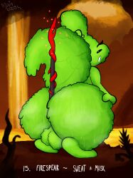 absurd_res anthro ass backsack balls between_buttocks big_balls big_butt biped bodily_fluids closed_eyes digital_media_(artwork) embers eyelashes fluffy fluffy_balls fluffy_ears fur genitals green_body green_fur hi_res huge_butt lava looking_at_viewer looking_back male melee_weapon musk musk_cloud musky_butt object_between_cheeks open_mouth pincoosh polearm rain_world raised_tail rear_view saint_(rain_world) signature slugcat solo spear sweat sweaty_butt tail videocult weapon