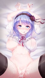 ;p absurdres arms_up bangs bed_sheet black_legwear blue_eyes blush breasts breasts_apart brown_legwear covered_nipples cum cum_in_pussy cum_on_body cum_on_breasts cum_on_lower_body cum_on_stomach cum_on_upper_body dagashi_kashi facial female fingernails flower frilled_sleeves frills groin hair_flower hair_ornament hairband highres large_breasts legs_up long_fingernails long_hair looking_at_viewer lying nail_polish navel on_back on_bed one_eye_closed pink_lips puffy_short_sleeves puffy_sleeves purple_hair red_nails see-through shidare_hotaru shirt short_hair short_sleeves smile solo spread_legs thighhighs tongue tongue_out xing