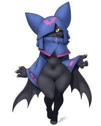 2025 3_fingers 4:5 4_toes alpha_channel anthro bandai_namco barefoot bat biped black_body black_fur black_sclera black_wings blue_clothing blue_hood blue_topwear bottomless breasts chiropmon clothed clothing colored cross_pupils digimon digimon_(species) digimon_beatbreak feet female female_anthro fingers front_view full-length_portrait fur furball furgonomic_headwear furgonomic_hood furgonomics genitals hat headgear headwear hi_res humanoid_hands innie_vulva looking_at_viewer mammal membrane_(anatomy) membranous_wings monotone_body monotone_fur navel portrait pupils shaded shortstack signature simple_background sleeves solo standing toes topwear transparent_background under_boob unusual_pupils vulva wide_hips winged_arms wings yellow_eyes
