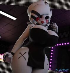 1girls 3d animatronic animatronic_female big_breasts black_dress black_eyes breasts cleavage dress five_nights_at_freddy's five_nights_at_freddy's_2 fredina's_nightclub looking_at_viewer marie_(cally3d) marionette_(fnaf) puppet_(cally3d) puppet_(fnaf) scottgames smile solo strapless_dress stripes t-bone_(artist) white_hair