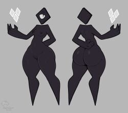 1_eye 2025 4_fingers absurd_res artist_name ass black_body black_breasts black_eyes black_nipples black_skin black_vulva breasts digital_media_(artwork) featureless_legs female female_humanoid fingers floating_head front_and_back genitals glistening glistening_butt grey_background hand_behind_back hi_res humanoid medium_breasts mehdrawings navel nipples not_furry nude nude_female nude_humanoid prisma_(fr0gv0re) shape_head simple_background solo standing text vulva watermark wide_hipped_female wide_hipped_humanoid wide_hips