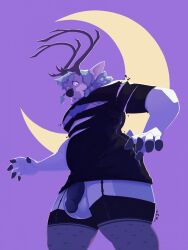 2018 3:4 anthro balls black_clothing black_penis black_topwear blue_eyes chocolateandmilk clothed clothing crossdressing dated deer flaccid genitals grey_body grey_hair hair hi_res humanoid_genitalia humanoid_penis male mammal moon muscular muscular_anthro muscular_male open_mouth penis portrait purple_background signature simple_background solo standing three-quarter_portrait topwear white_balls white_body