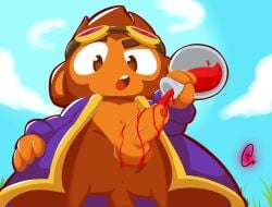 alchemist_(bloons) anus balls bloons_tower_defense brown_body brown_fur clothing cloud foreskin fur genitals grass hi_res humanoid_genitalia humanoid_penis kakau221 male navel ninja_kiwi open_mouth penis plant potion purple_clothing solo tail