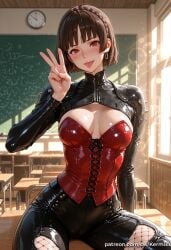:p ai_generated bangs blush braid breasts brown_hair chair chalkboard classroom clock corset desk earrings female female_only fishnets indoors jewelry kermixx long_sleeves looking_at_viewer makoto_niijima medium_breasts pants patreon_username persona persona_5 red_eyes shiny shiny_clothes shiny_skin short_hair sitting smile solo spikes sunlight tight_pants tongue tongue_out v wall_clock