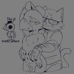 age_difference anthro arm_hair avian balls beak bird body_hair clock clothing domestic_cat duo english_text eyewear feathers felid feline felis gay genitals germ_warfare_(nitw) glasses glistening_eyelids grey_background greyscale hands_in_both_pockets hat headgear headwear hi_res hug hugging_another hugging_from_behind humor jacket looking_at_viewer looking_back male male/male mammal monochrome night_in_the_woods nipples nude on_model penis rolled_up_sleeves salamikii simple_background small_penis smile stan_borowski tail tail_feathers text topwear watch zipper