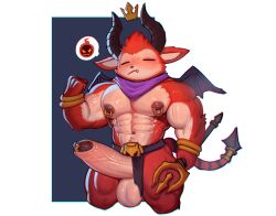 absurd_res arm_ring athletic athletic_male blush closed_eyes cydonia_xia demon devil_teemo_(lol) erection fur genitals hi_res horn humanoid male melee_weapon membrane_(anatomy) membranous_wings muscular muscular_male penis polearm red_body red_fur solo spade_tail tail trident vein veiny_penis weapon wings