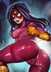 1girls ass avengers black_hair bodysuit breasts cameltoe covered_breasts covered_nipples dat_ass erect_nipples female female_only high_resolution hips jessica_drew large_breasts legs long_hair marvel marvel_comics mask nipple_bulge nipples orionm sideboob solo spider-man_(series) spider-woman thighs