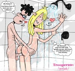 anus ass bathroom black_hair blonde_hair breasts couple disney from_behind geek glasses lovers male_focus nerd nicky_anais_little nipples pepper_ann shower shy small_breasts stewart_waldinger straight text trooper201