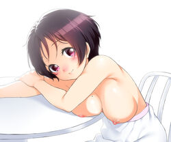 artist_request blush breasts brown_hair chair chuunibyou_demo_koi_ga_shitai! cute dress female looking_at_viewer nipples nude_filter pink_eyes short_hair simple_background smile solo table tsuyuri_kumin white_background white_dress