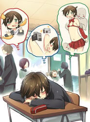 1boy aobe_mahito banana bikini_top blush brown_hair camcorder camera crossdressing desk femboy food fruit gay girly green_eyes imagining male_only nightmare open_mouth original phallic_symbol school_uniform sexually_suggestive skirt sleeping solo tagme thought_bubble tongue tongue_out trap trembling yaoi