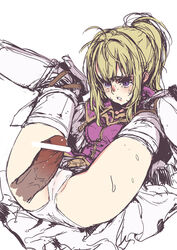 bar_censor belt blonde_hair blush boots branch_(blackrabbits) cameltoe censored clarine_(fire_emblem) dress female fire_emblem fire_emblem:_the_binding_blade folded knees_on_chest legs_up long_hair lying on_back panties penis ponytail purple_eyes simple_background solo_focus spread_legs sweat tears thigh_boots thighhighs tied_hair underwear white_background white_legwear white_panties