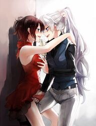 blush breast_grab breasts champagne drunk female fingering makundsf red_hair ruby_rose rwby silver_eyes wall weiss_schnee white_hair white_panties white_rose_(ship) yuri