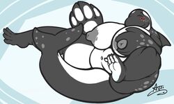 anthro areola bald big_breasts breasts cetacean closed_eyes feet female huge_breasts mammal marine nipples nude obese orca overweight smile solo spread_legs spreading whale whitedragon