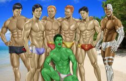 6+boys 7boys abs aqualad aquaman_(series) bart_allen batman_(series) beach beast_boy biceps black_hair brown_skin bulge color colored conner_kent cyborg_(dc) dark-skinned_male dark_hair dark_skin dc dc_comics dick_grayson flaccid garfield_logan gay green_eyes green_hair green_skin kid_flash kon-el male male_only multiple_boys multiple_males muscular muscular_male orange_hair outdoors outside pecs robin_(dc) robin_(dick_grayson) roy_harper short_hair standing superboy superboy_(conner_kent) superman_(series) swimsuit teen_titans victor_stone wally_west