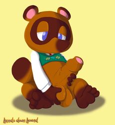 1boy 2016 animal_crossing anthro bottomless closed_eyes clothed clothing erection foreskin furry handsdownhound large_penis large_testicles lineless male male_only mammal masturbation nintendo penis sex simple_background solo squeezing sweater_vest tanooki tanuki text tom_nook uncut veins veiny_penis video_games