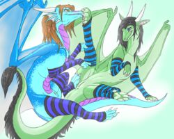 anus blue_background dragon drayke_eternity duo female feral hair horn pussy simple_background tongue wings