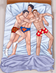 2011 3boys artist_request bart_allen batman_(series) boxers_(clothing) briefs conner_kent dc dc_comics gay kid_flash kon-el laying_on_bed male male_only muscles muscular muscular_male red_robin sleep superboy superboy_(conner_kent) superman_(series) teen_boy teen_titans the_flash_(series) tim_drake yaoi young_justice