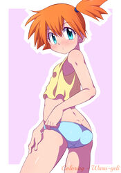 1girls ass back bare_shoulders blue_eyes blue_panties blush butt_crack clothed eyelashes female flat_chest human human_only izumi_masashi kasumi_(pokemon) looking_at_viewer looking_back nintendo orange_hair panties pink_background pokemon shirt short_hair side_ponytail small_breasts solo standing text