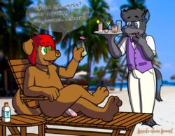 2016 2boys anthro artist_name ass balls beach beverage blue_eyes bowtie brown_fur bulge canine chair chaise_lounge circumcised clothed clothing cmnm cock_hungry crossed_legs drinks duke_(artist) duo ear_piercing ear_studs earrings erection erection_under_clothes flaccid fur gay getting_erect green_eyes grey_fur hair handsdownhound jewelry lemonade male male_only male_with_male mammal nasal_piercing necklace nose_ring nude open_mouth outside palm_trees penis penis_under_clothes phozzy piercing pointed_ears public purple_vest red_hair resort sand seaside sitting smile sunblock sunscreen surprised table tenting text veiny_penis waiter white_pants white_shirt yaoi