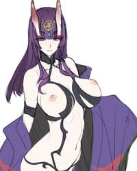 ban breasts demon_girl fate/grand_order fate_(series) female horn japanese_clothes kimono long_hair looking_at_viewer nipples older petite purple_hair red_eyes shuten_douji_(fate) smile solo