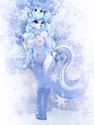 1girls anthro arctic_fox black-rayal blue_hair breasts canine completely_nude completely_nude_female crown female female_only fox full_body furry long_hair looking_at_viewer naked naked_female navel nipples nude nude_female open_mouth original puffy_nipples purple_eyes pussy solo solo_female standing tail tiptoes white_fur wide_hips