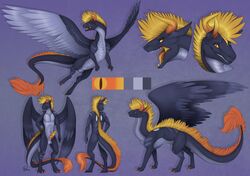 1boy 2016 anthro balls claws dragon drakorax erection feathered_wings feathers fefairy feral fur grin hair horn looking_at_viewer male male_only model_sheet nude open_mouth penis simple_background smile solo tongue tongue_out wings