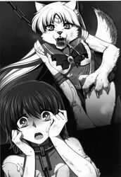 2girls all_fours anthro bishoujo_senshi_sailor_moon black_and_white breasts canine chains claws clothing collar comic costume doujinshi eyelashes fangs female fur furry highres human interspecies jewelry kemono kneeling konshin mammal medium_breasts minako_aino mind_control modification monochrome nipples open_mouth original_character pet sailor_venus saliva scared sex_slave shadow skirt sweat teeth tongue tongue_out torn_clothes transformation uniform yuri