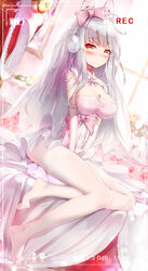 1girls animal_ears between_breasts blush breasts bridal_veil bride cleavage dk_senie elbow_gloves female gloves high_resolution jewelry long_hair looking_at_viewer object_between_breasts original pantyhose recording red_eyes ring silver_hair sitting solo tears veil wedding_band white_legwear