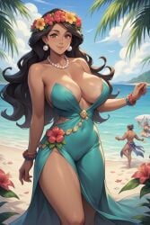 2d ai_generated alola beach dancer dancer_(pokemon) dancer_(pokemon_sm) dark-skinned_female hawaiian hula_dancer hula_girl lei pearl_necklace pokemon pokemon_sm polynesian teal_dress