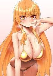 big_breasts bra breasts female gold_bikini humanoid inkling inkling_girl kaori_(splatoon) looking_at_viewer nobunagapero orange_eyes orange_hair peronattu plump_breasts plump_thighs splatoon