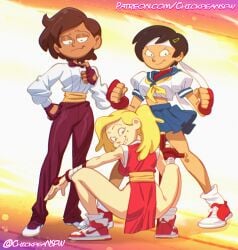 3girls amphibia anne_boonchuy asian_female black_hair blonde_female blonde_hair bowtie brown_hair capcom capcom_vs_snk chickpea color cosplay crossover_cosplay dark-skinned_female digital digital_drawing_(artwork) disney disney_channel female female_only final_fight fingerless_gloves gradient_background king_(snk) king_(snk)_(cosplay) king_of_fighters light-skinned_female looking_at_viewer maki_genryusai_(cosplay) marcy_wu nike_shoes ponytail purple_background sailor_uniform sakura_kasugano_(cosplay) sasha_waybright school_uniform schoolgirl sfw short_hair simple_background smile snk squatting standing street_fighter taiwanese thai trio twitter_link white_female