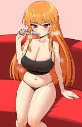 big_breasts bra breasts female inkling inkling_girl kaori_(splatoon) looking_at_viewer nobunagapero orange orange_hair peronattu plump_thighs popsicle red_eyes sitting_on_couch splatoon