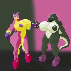 2016 2girls alligator angrypotato96 anthro areolae bad_furaffinity_id bad_id biceps black_nipples breasts bruxish clothing crocodilian female female_only fin fish footwear furry game_freak high_heels huge_breasts ingrid_(metoe) inviting marine naked_footwear naked_heels naked_shoes navel nintendo nipples nude original_character pokemon pokemon_sm purple_nipples pussy reptile scalie shoes smile source_request spikes teasing thick_thighs wide_hips