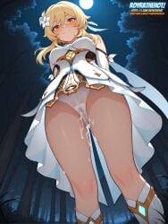 ai_generated arms_behind_back blonde_hair cum_in_panties female forest from_below genshin_impact hair_between_eyes hair_feathers hair_flower light-skinned_female light_skin lumine_(genshin_impact) moon moonlight night orange_eyes outdoors petite public royrathehot sidelocks solo upskirt watermark wet_panties white_panties