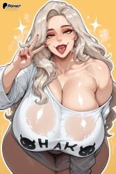 ai_generated bare_thighs camisole female gigantic_breasts green_eyes huge_breasts huge_thighs light-skinned_female light_skin long_hair looking_at_viewer massive_breasts mature_female milf oiled_body oiled_skin original peace_sign silver_hair solo_female squatting sweat sweatdrop thick_body thick_female thick_thighs thighs tongue_out voluptuous voluptuous_female yashugai