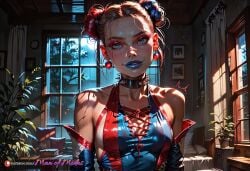 ai_generated blonde_hair blue_dress blue_eyes blue_lipstick earrings hair_bun harley_quinn small_breasts white_face