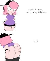 ?! ass black_shorts bra_strap bra_strap_is_showing_(meme) cypherden hat masterpantsu meme meme_reference pink_hair pulling_down_pants pulling_down_shorts purple_shirt pussy revealing_ass revealing_pussy shirt shorts tagme youtube youtuber