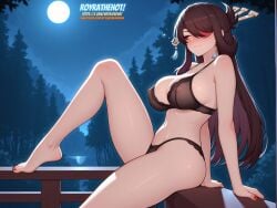 ai_generated beidou_(genshin_impact) black_bra black_panties brown_hair covered_nipples earrings eyepatch female genshin_impact hair_ornament large_breasts light-skinned_female light_skin long_hair night outdoors public public_exposure red_eyes red_nail_polish red_toenail_polish royrathehot solo thick_thighs watermark