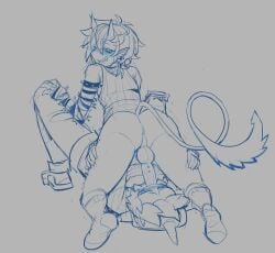 anus ass_focus blowjob blowjob_face blowjob_only blush blushing_at_partner blushing_male demon demon_tail epic_games femboy fortnite gay hooded_jacket hoodie looking_back looking_pleasured male male/male male_only mostly_clothed mostly_clothed_male no_color non-human oral pointed_ears pointy_ears shirt sleepy_esc socks sucking sucking_penis sulk_(fortnite) sunspot_(fortnite) tail twink yaoi
