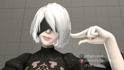 3d ass big_ass black_clothing blindfold cuckold dominant domination female femdom futanari gloom4_(artist) gothic humiliation interracial intersex nier nier:_automata nier_(series) patreon sfm short_hair simple_background small_penis_futa small_penis_humiliation smile smiling_at_viewer teasing tongue_out twitching white_hair white_skin yorha_2b