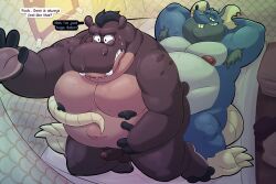 2026 3:2 anal anal_sex anthro armpit_hair balls bed blue_body blush bodily_fluids body_hair common_hippopotamus dialogue duo english_text erection eyewear furniture genitals glasses hi_res hippopotamid leothelionel lying male male/male mammal mature_male moobs murid murine nipples nude overweight overweight_male penetration penile penile_penetration penis_in_ass profanity rat rodent sex stomach_bulge sweat text the_human_heart_(game) tony_ramos