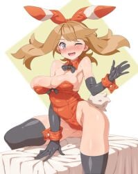 animal_ears areola_slip arm_support black_bow black_bowtie black_gloves black_thighhighs blue_eyes blush bow bow_hairband bowtie breasts brown_hair cleavage detached_collar elbow_gloves feet_out_of_frame female floating_hair gloves hair_ribbon hairband hand_up highres large_breasts may_(pokemon) nose_blush one_eye_closed open_mouth playboy_bunny pokemon pokemon_oras rabbit_ears red_hairband red_ribbon revision ribbon smile solo tenako_(mugu77) thighhighs
