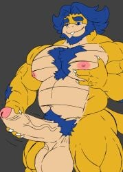 1boy anthro balls biceps big_muscles biped blue_hair digital_media_(artwork) erection fulgoraga genitals hair hi_res humanoid_genitalia humanoid_penis koopa koopaling ludwig_von_koopa male male_anthro mammal mario_(series) muscular muscular_anthro muscular_male nintendo nipples nude pecs penis scalie simple_background smile solo tail teeth