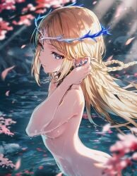 ai_generated cartethyia_(wuthering_waves) cherry_blossoms curvy_body curvy_female female naked_female neutral_expression raaicave sunlight_rays water_background wuthering_waves