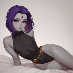 ai_generated belt forehead_jewel hips leotard nipples_visible_through_clothing purple_eyes purple_hair rachel_roth raven_(dc) short_hair small_breasts thighs transparent_clothing