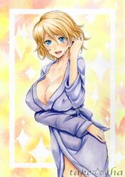 1girls adjusting_hair alternate_breast_size bathrobe blonde_hair blue_eyes blush breasts cleavage erect_nipples female huge_breasts human human_only looking_at_viewer nail_polish nintendo open_mouth pokemon pokemon_xy serena_(pokemon) short_hair sketch solo takecha text watermark wet