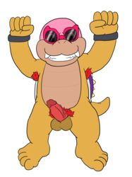 1boy altavianknight64 armpit_hair armpits arms_up barefoot chubby erection eyewear feet flexing full_body hairy koopaling male male_only mario_(series) nintendo nude paws penis pubic_hair roy_koopa scalie shell shortstack simple_background smile solo standing sunglasses testicles vein veiny_penis video_games white_background