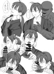 2boys bar_censor blowjob blush closed_eyes dark-skinned_male dark_skin dilf earrings erection faceless_male fellatio gay gegege_no_kitarou kimono kissing_penis kitarou_tanjou_gegege_no_nazo licking_lips light-skinned_male light_skin long_hair long_hair_male male male_only monochrome nchitan3 oral osada_genji penis ponytail questionable_consent solo_focus sweat yaoi